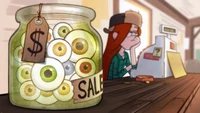 Wendy an der Kasse mit einem Glas Augen in Gravity Falls