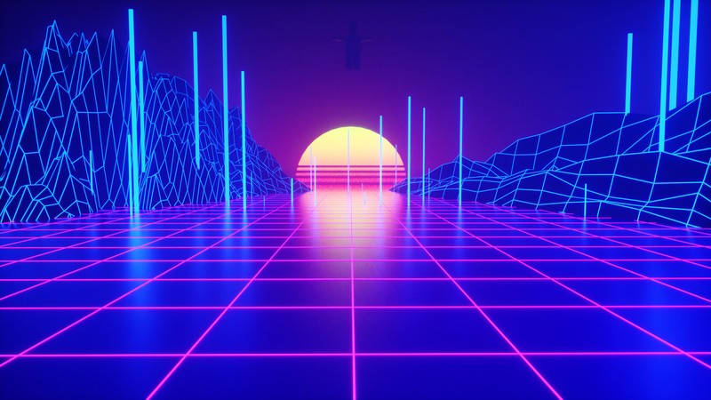 Неоновый пейзаж с солнцем и горами на заднем плане (ретровейв, retrowave, synthwave, неон, закат)