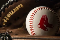 Close-up de uma bola de beisebol do Boston Red Sox em uma luva