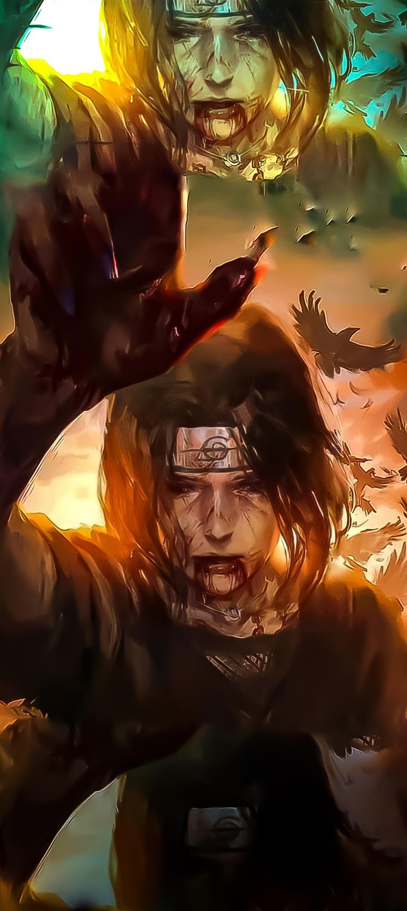 Зомби-мужчина с ножом и кровавым лицом в лесу (itachi uchiha, какаши хатаки, kakashi hatake, naruto uzumaki, саске учиха)