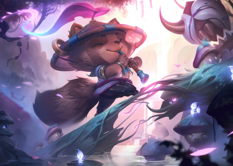 Крупный план персонажа мультфильма на ветке дерева (цветок духа, тимо, teemo, league of legends, игры)