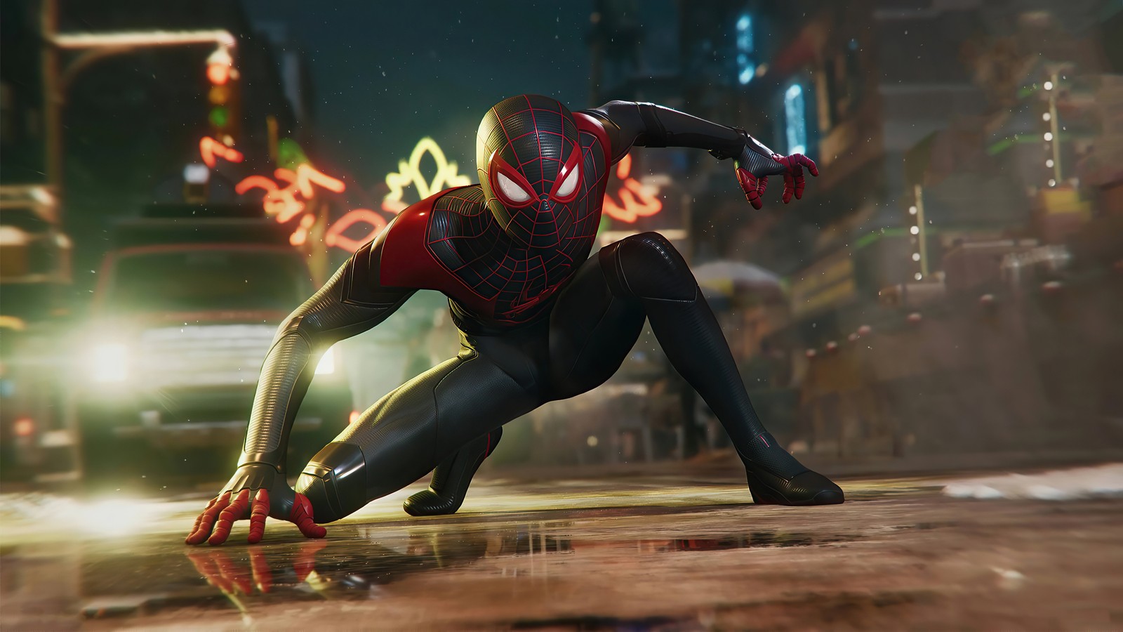 Spider-man en un costume s'accroupit sur le sol (marvels spider man miles morales, jeu vidéo)