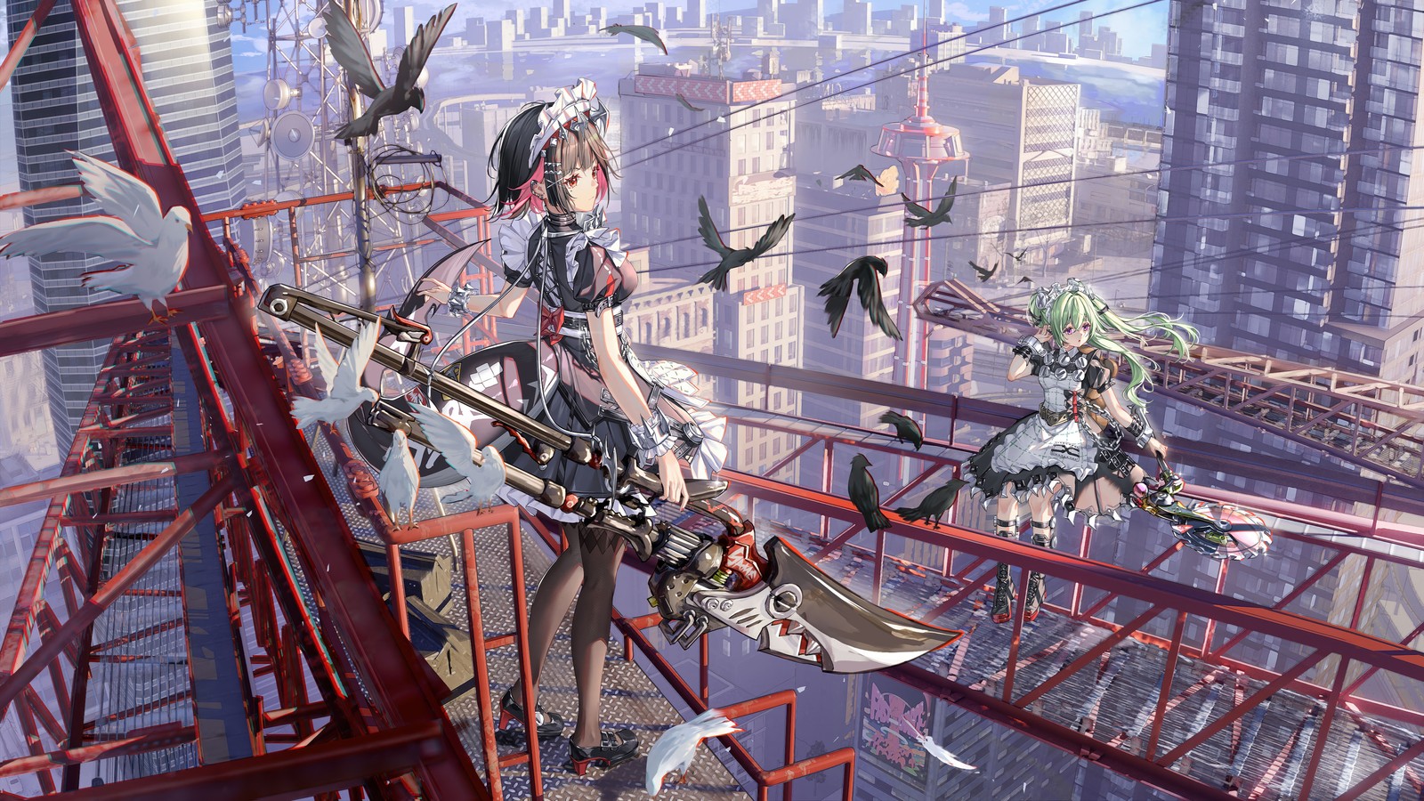 Fille d'anime sur un pont avec des oiseaux volant autour (ellen joe, zenless zone zero, jeu vidéo, zzz)