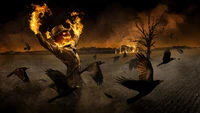 scarecrow, halloween night, fire, burning, crows wallpaper