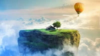 Dreamlike Landscape with Hot Air Balloon Over Floating Island