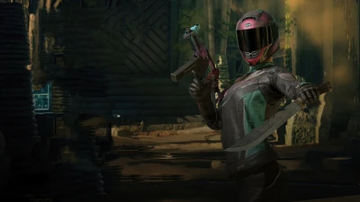 Female PUBG Character with Helmet, Gun, and Machete in a Battle Royale Setting