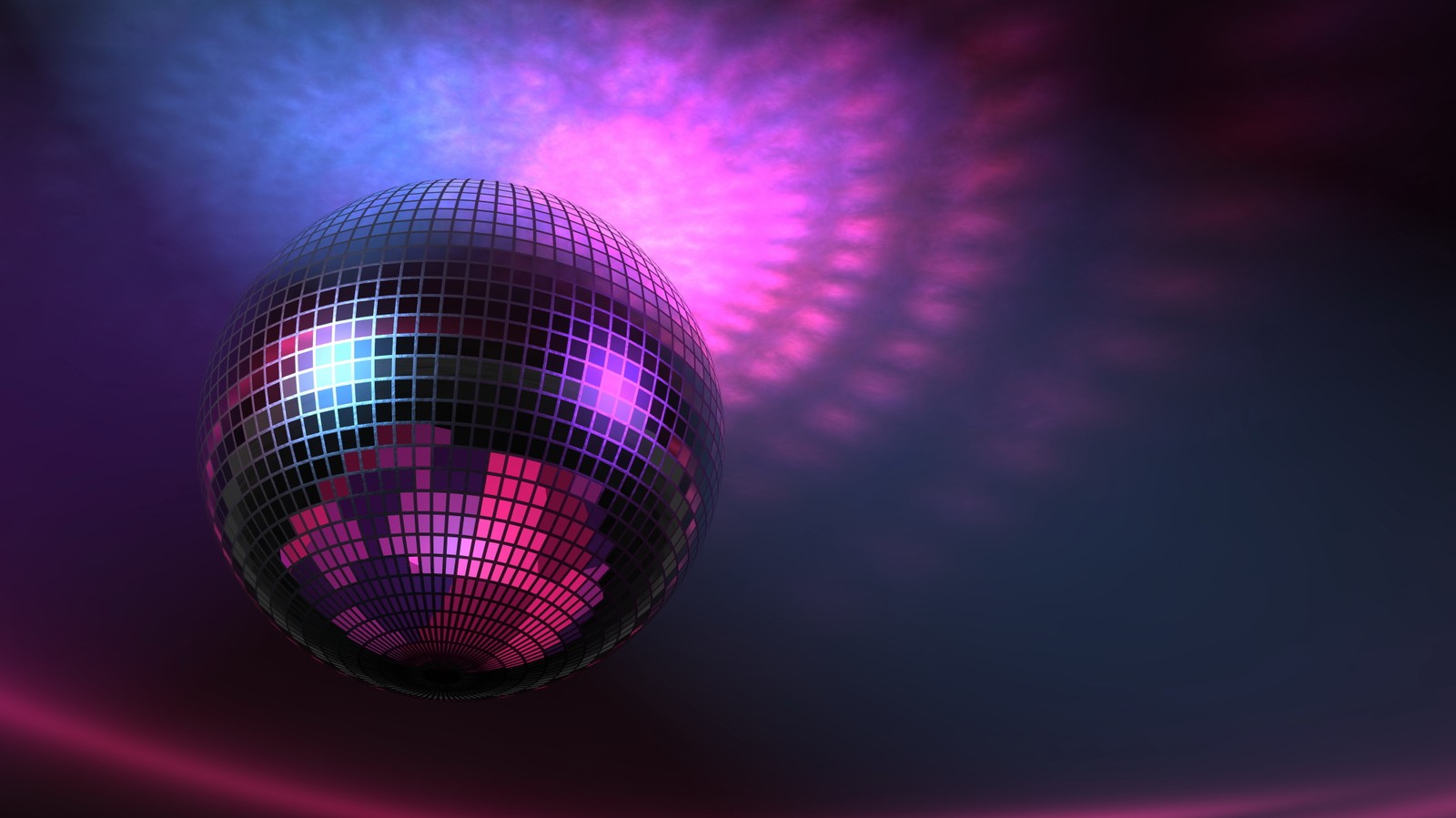 Un primer plano de una bola de discoteca con luz rosa en el fondo (disco, club nocturno, púrpura, violeta, ligero)