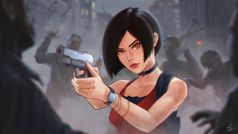 Женщина с оружием в темной комнате с зомби (ада вонг, ada wong, пистолет, resident evil 2, видеоигра)