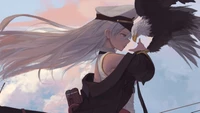 Enterprise from Azur Lane with an Eagle Companion Against a Scenic Sky