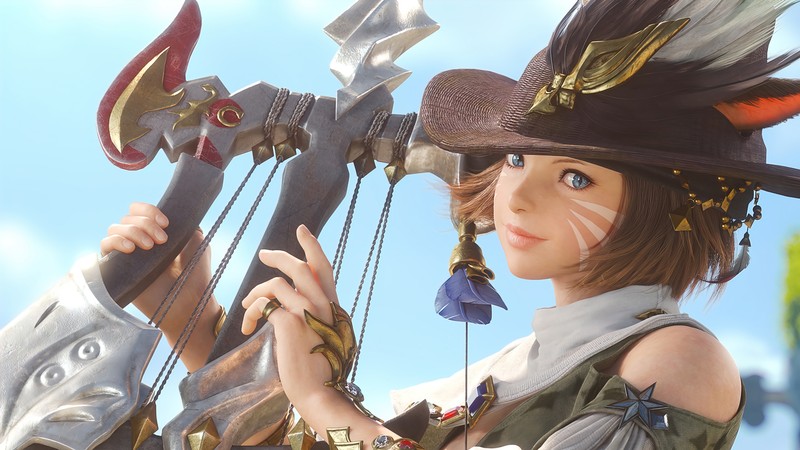 Крупный план женщины с луком и стрелой (финал фэнтези xiv онлайн, final fantasy xiv online, видеоигра, ff14, ffxiv)