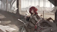 Exusiai aus Arknights: Biker-Mädchen auf einem Motorrad