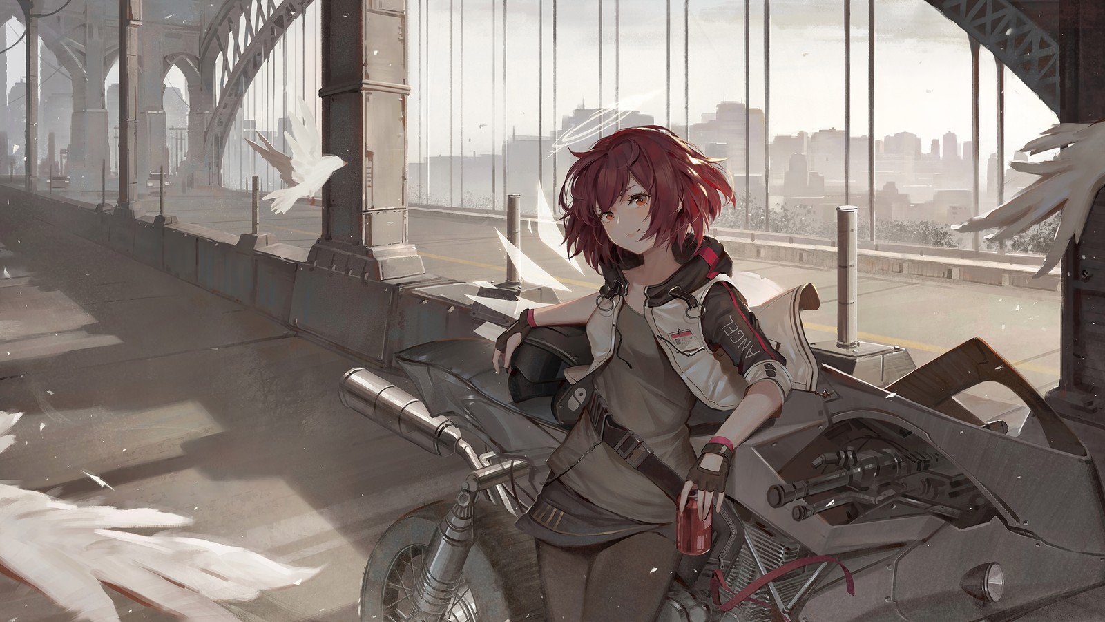 Anime girl sitting on a motorcycle in front of a bridge (anime girls, biker, motorcycle, arknights, video game)