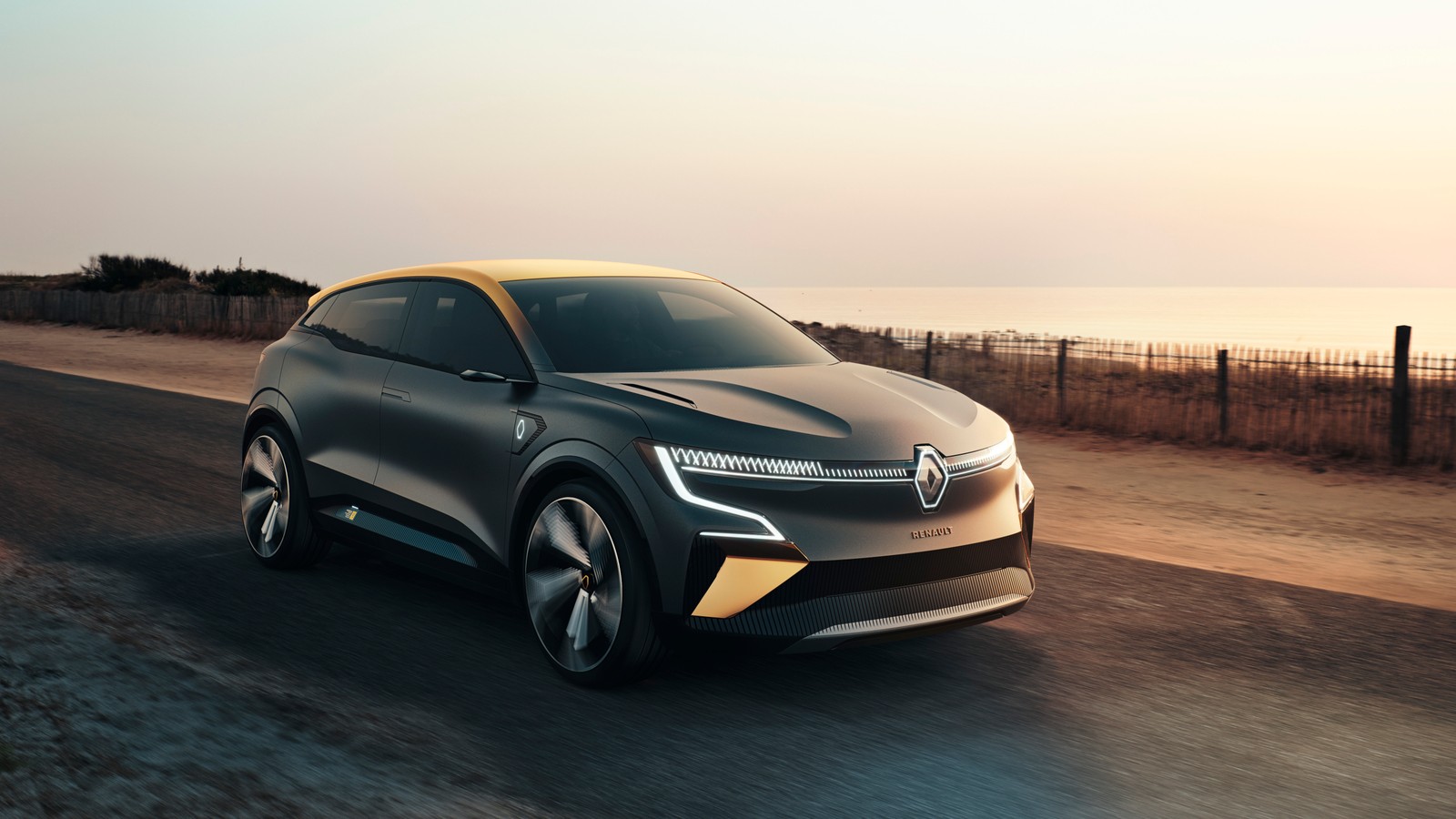 The new volkswagen e - trac concept suv is shown on a road (renault mégane evision, electric cars, concept cars, 2020, 5k)