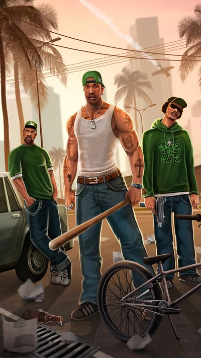 Personagens icônicos da série Grand Theft Auto, exibindo estilo urbano com um fundo de palmeiras e o horizonte da cidade.