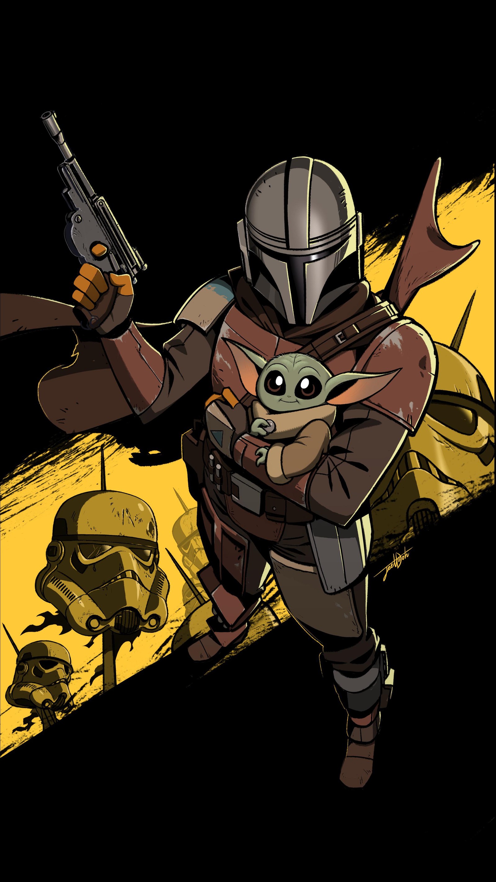 Un primer plano de un personaje de dibujos animados sosteniendo un arma (star wars, the walt disney company, yoda, amoled, jedi)