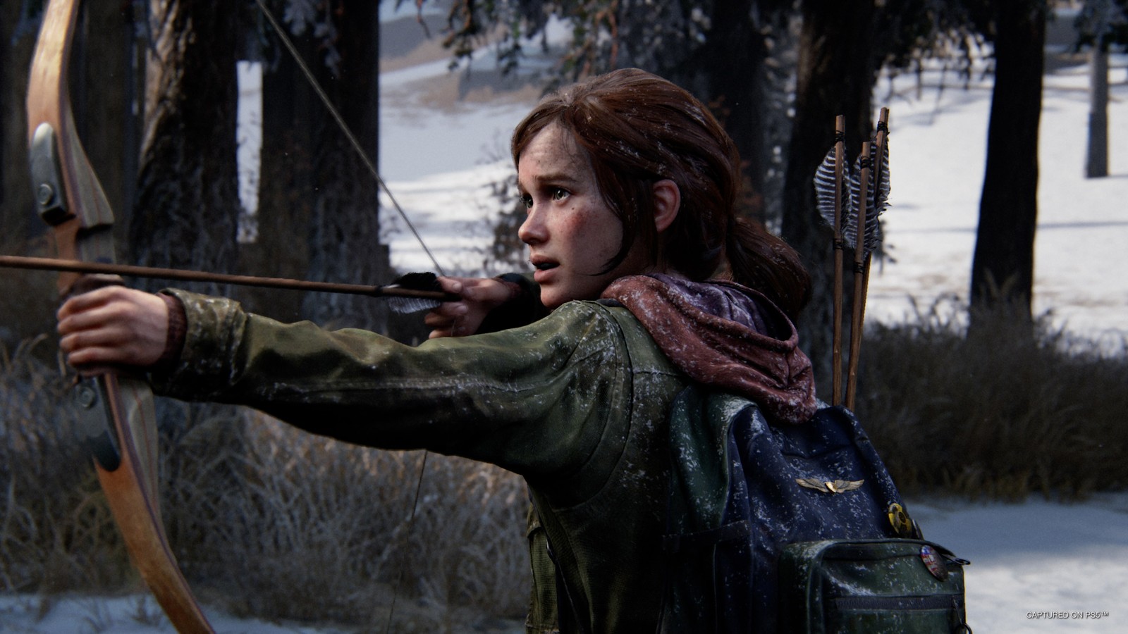 Arafed woman with a bow and arrow in a snowy forest (the last of us part 1, ellie williams, gameplay, female character, games)