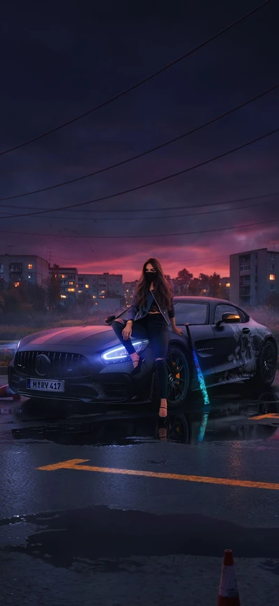 Uma mulher estilosa posa em um Mercedes-Benz AMG GT coupé, iluminada por uma iluminação automotiva dinâmica contra um fundo dramático de pôr do sol, refletindo no pavimento molhado.