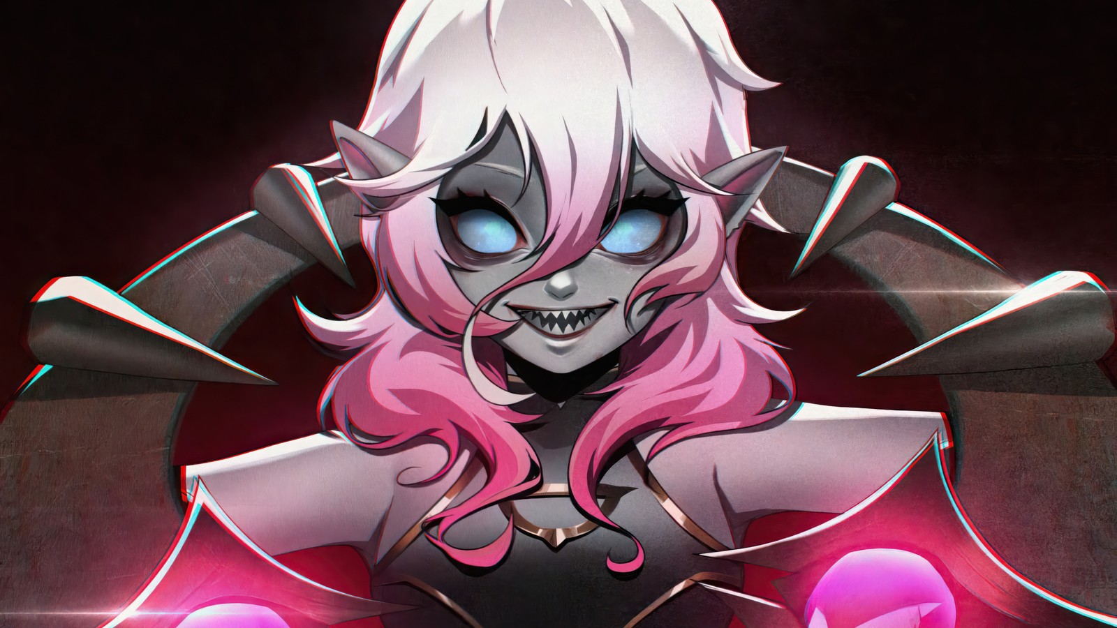 A close up of a person with pink hair and a demonic face (briar, league of legends, lol, video game, game)