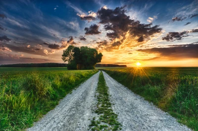 Pôr do sol sobre um caminho sereno na pradaria