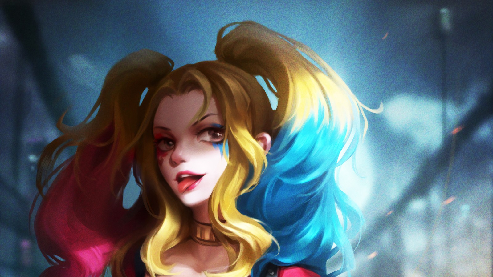 A close up of a woman with long blonde hair and a blue and yellow wig (harley quinn, dc comics, comics)