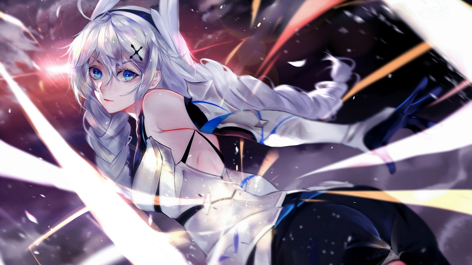 Anime, anime girl, white hair, blue eyes, white hair, white dress, black pants (anime girls, anime, beautiful, white hair, kiana kaslana)