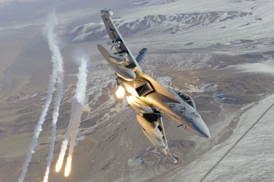 Dynamic aerial maneuver of a McDonnell Douglas F/A-18 Hornet releasing flares over a mountainous landscape.