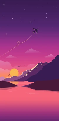 Morning Afterglow: A Serene Purple Landscape with an Airplane and Mountains