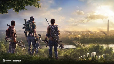 Wachsame Agenten, die über ein post-apokalyptisches Washington D.C. in The Division 2: Warlords of New York wachen