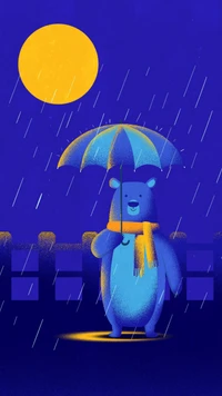 Urso de desenho animado em azul cobalto sob um guarda-chuva contra um céu noturno violeta