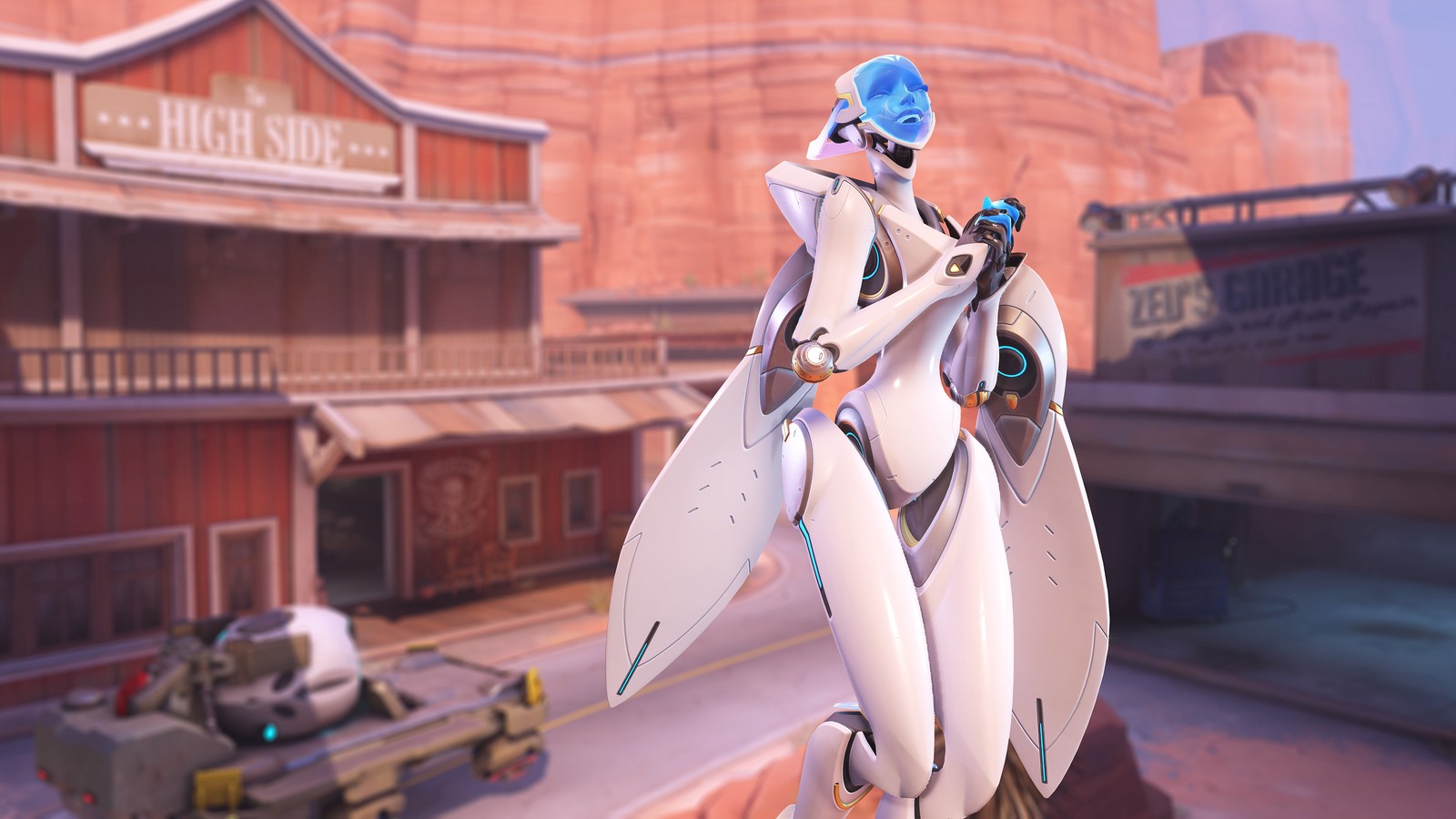 A close up of a person on a skateboard near a building (echo, overwatch, video game)