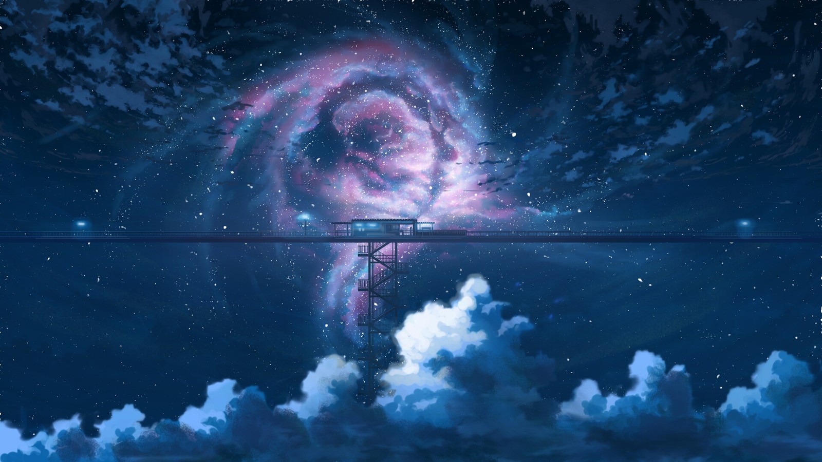 Una pintura de una estación espacial con una gran espiral en el cielo (anime, noche, cielo, estrellas, nubes)