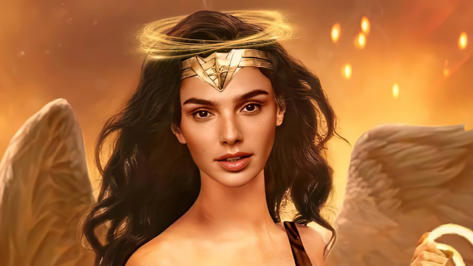 Una mujer con una corona dorada y alas en la cabeza (belleza, gal gadot, wonder woman, piel, labio)