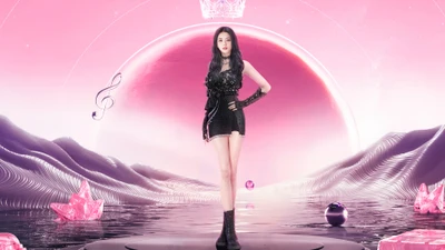 Jisoo de Blackpink en un entorno futurista con temática rosa, personificando elegancia y fuerza, con elementos musicales y motivos de juego.