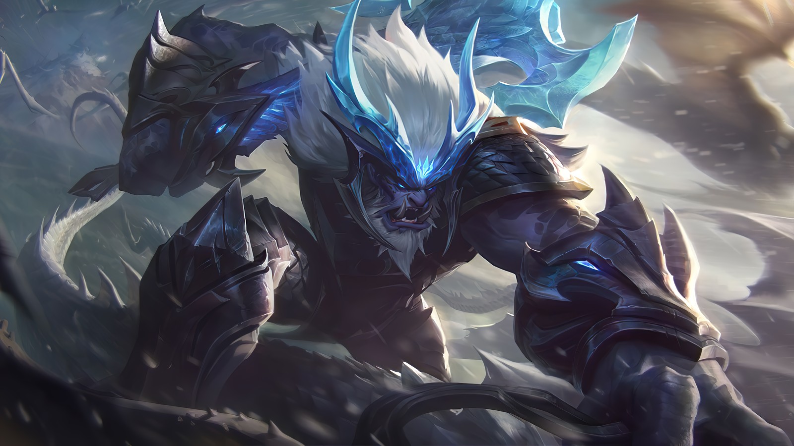 A close up of a person with a sword and a helmet (dragonslayer, trundle, splash art, league of legends, lol)