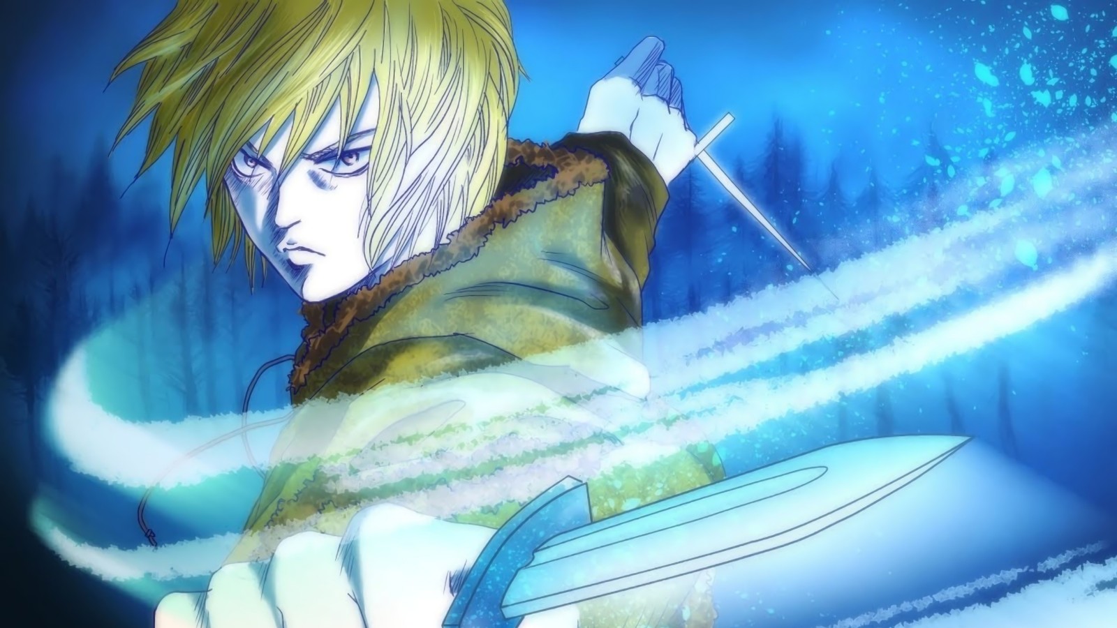 Аниме, мужчина с мечом в руке, в снегу (сага о винланде, vinland saga, винланд сага, ヴィンランドサガ, торфинн)