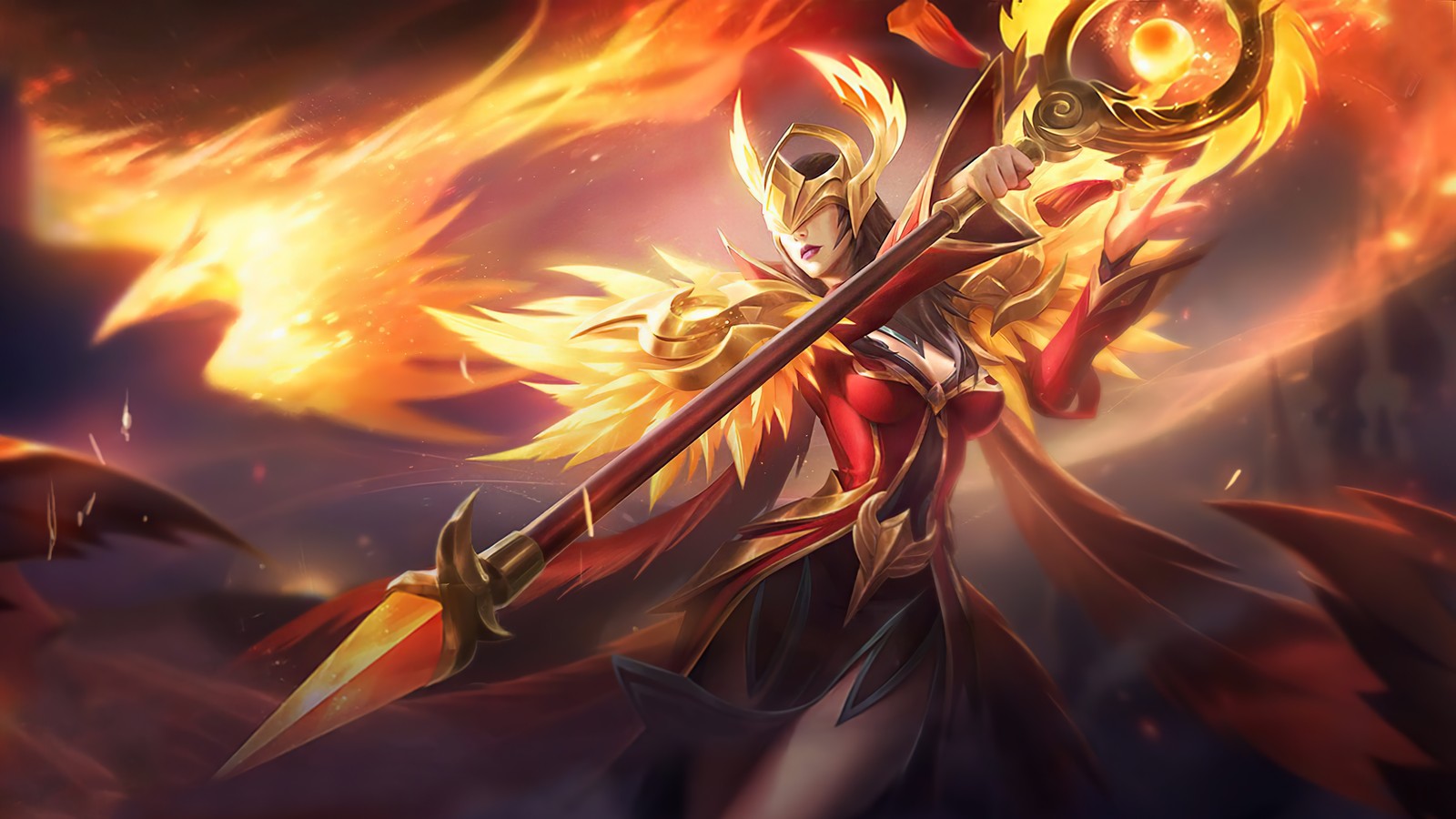 Une femme avec une épée et du feu dans la main (pharsa, impératrice phoenix, mobile legends, bang bang, mlbb)