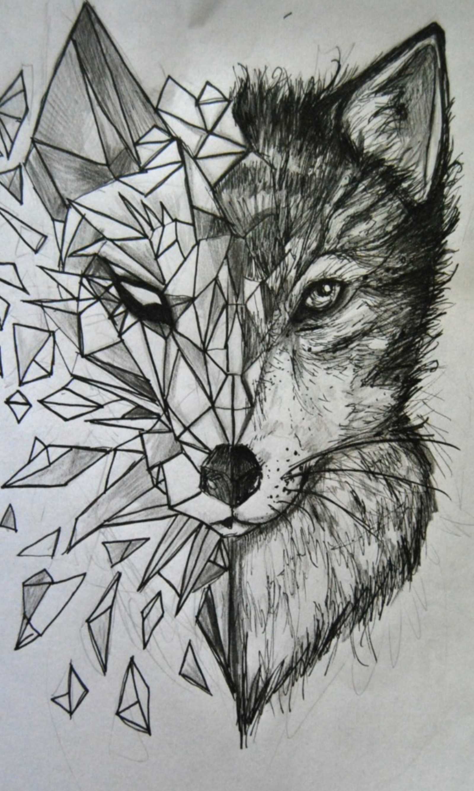 Un dibujo de un lobo con la cara rota y un diseño geométrico (negro, perro, tatuaje, fondo de pantalla, weite)