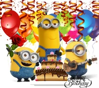 Les Minions célèbrent avec des ballons et un gâteau - Joyeux anniversaire !