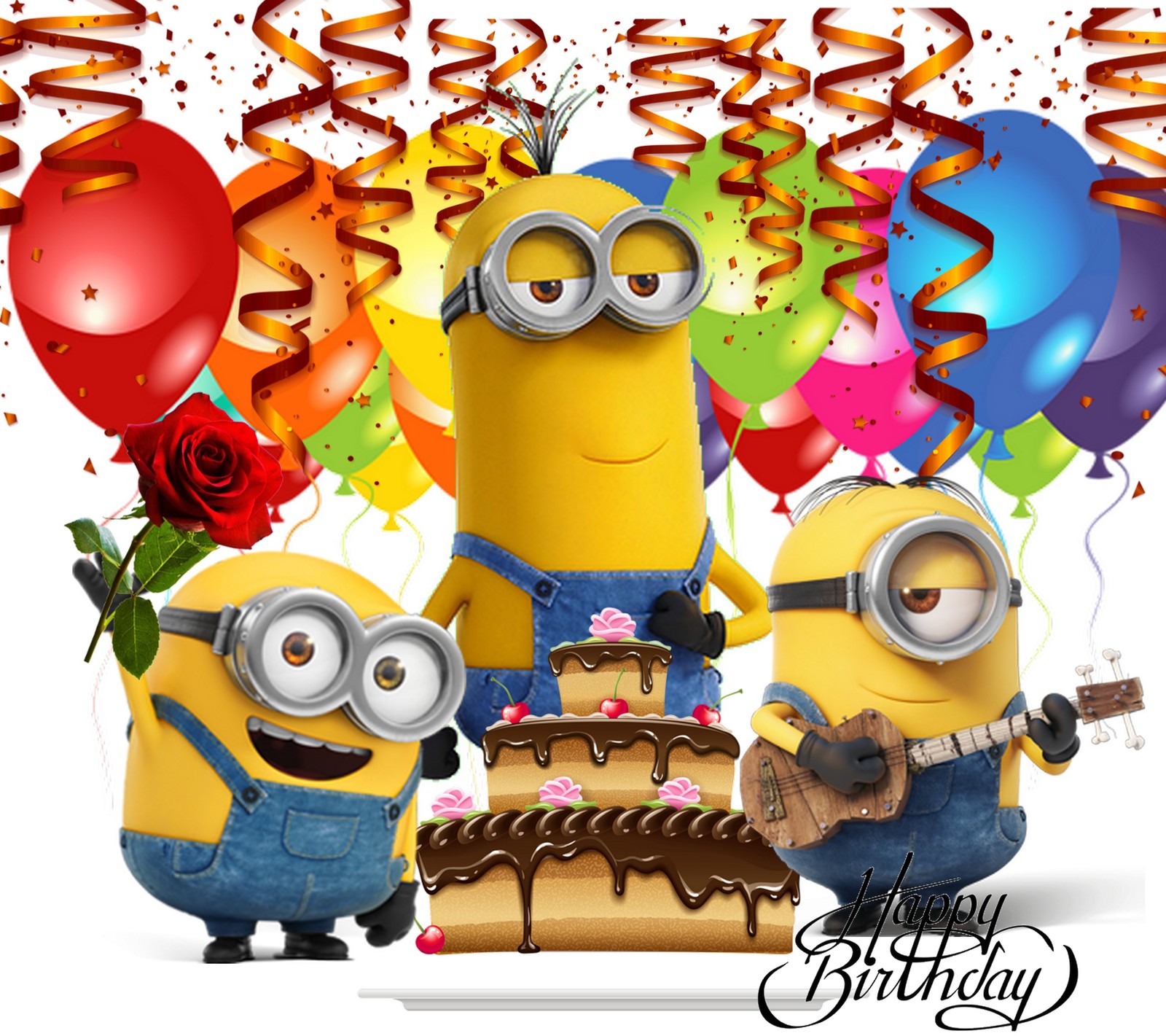 Gros plan d'un groupe de minions avec des ballons et un gâteau (ballons, des dessins animés, joyeux anniversaire, anniversaire des minions)