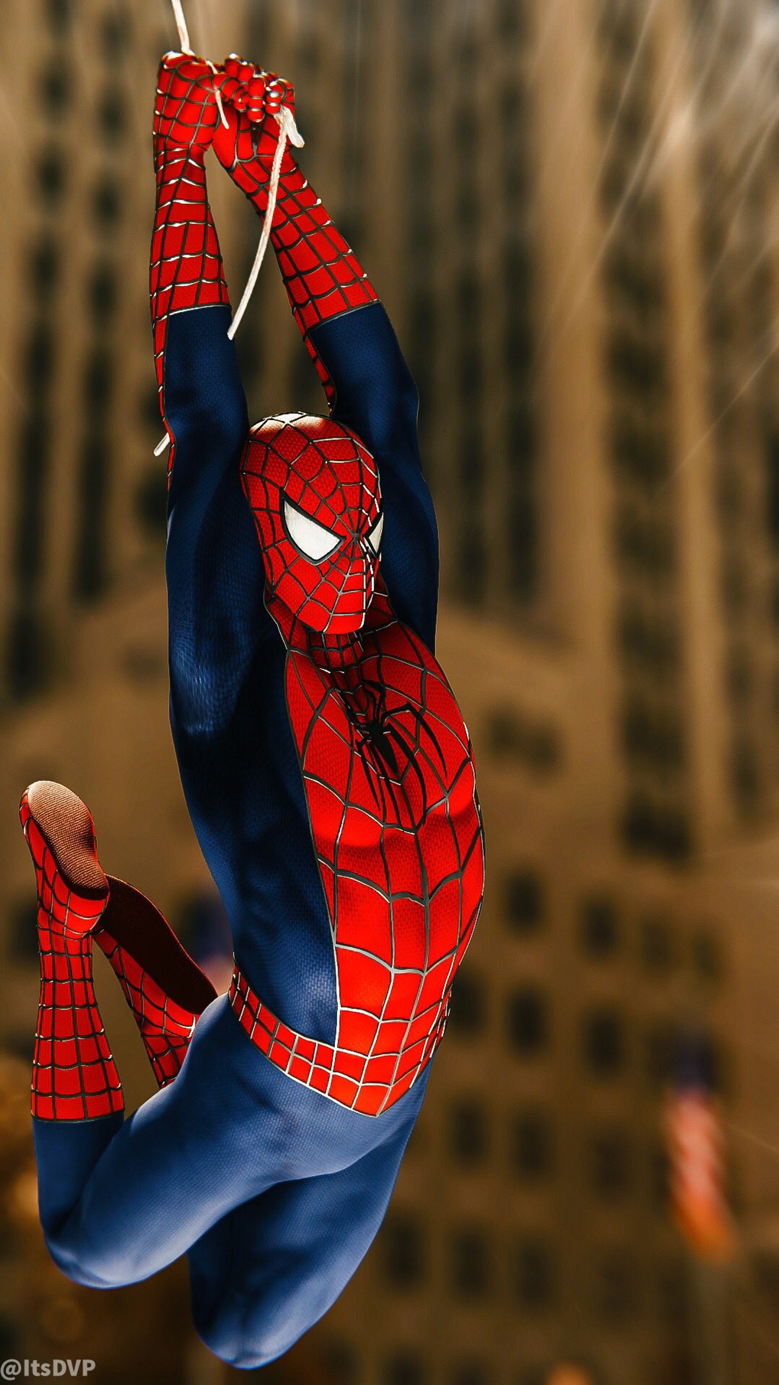 Spider-man suspendu la tête en bas dans une ville avec une corde (jeu spiderman, spider man ps4, spidermanps4, marvel, costume raimi)