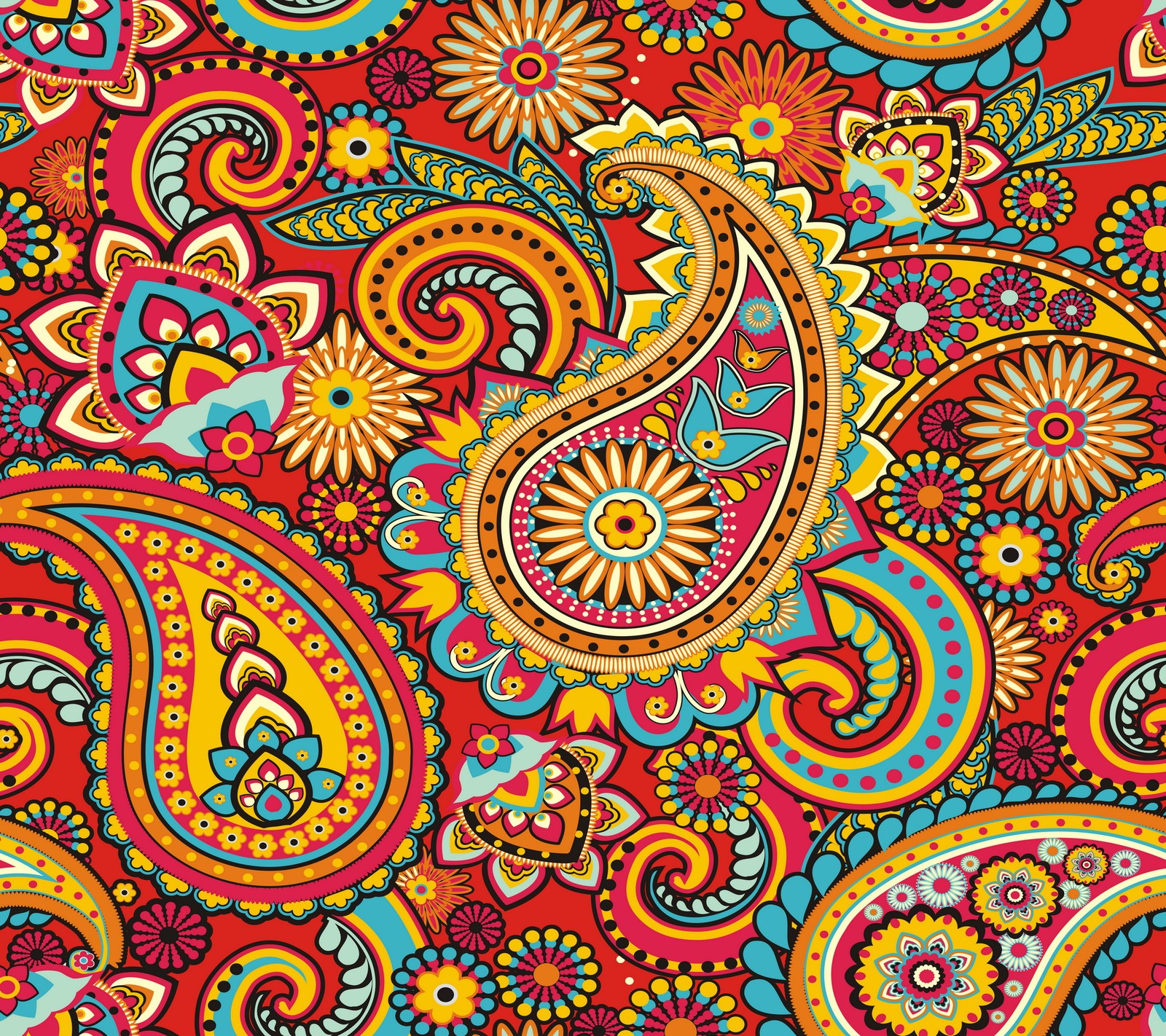 Un primer plano de un colorido patrón de paisley sobre un fondo rojo (abstracto, arte, colorido, diseño, floral)