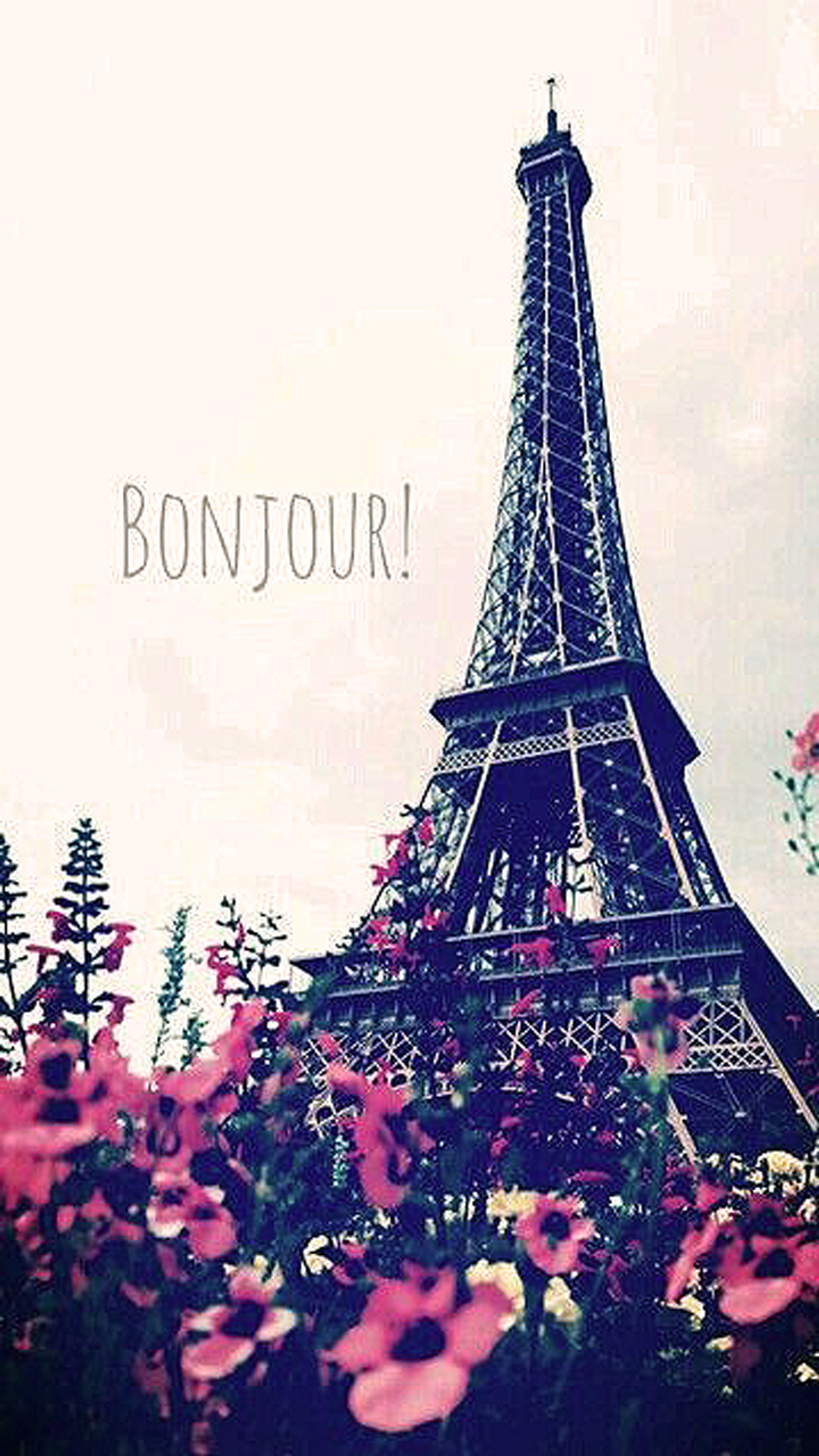 Araff photograph of the eiffel tower with flowers in the foreground (bonjour, eiffel tower, flowers, france, paris)