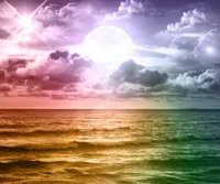 colors, fantasy, landscape, moon, ocean wallpaper