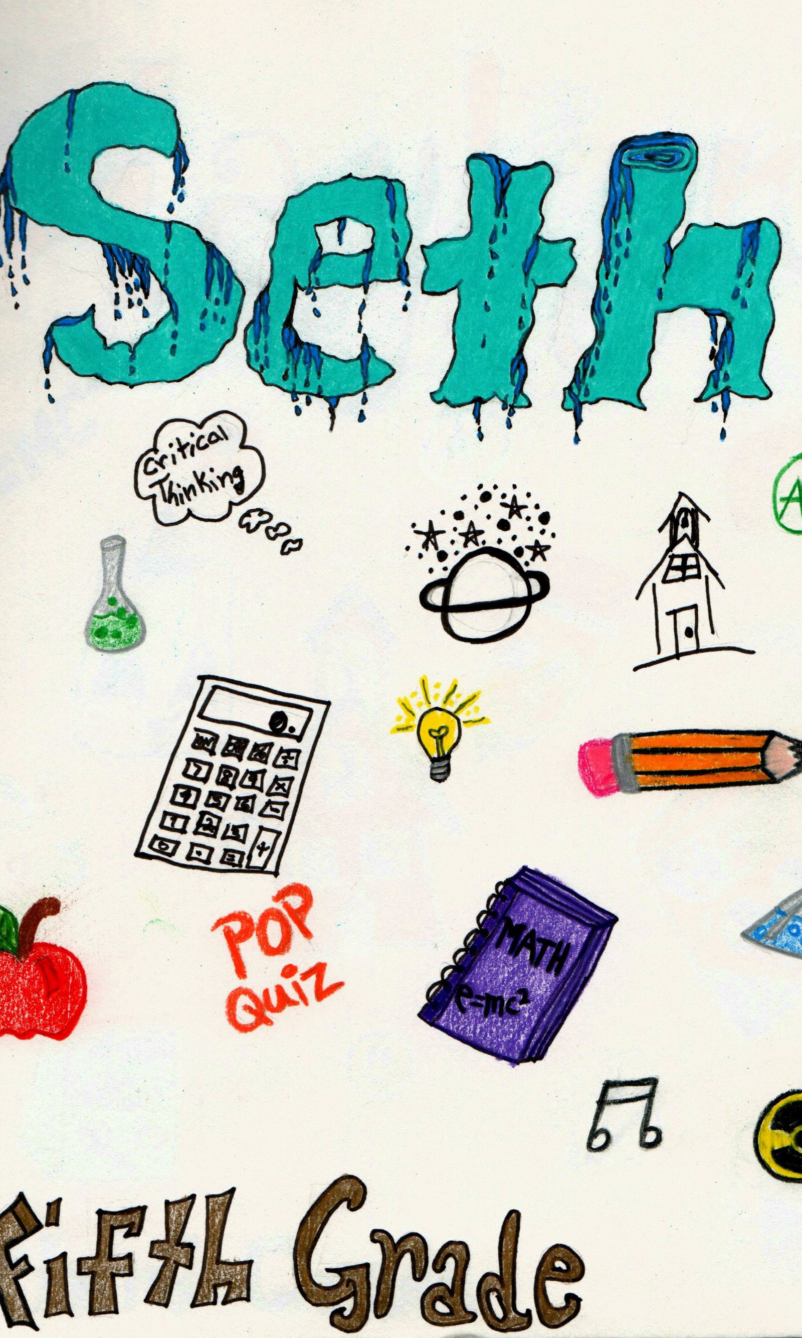 A close up of a poster with a lot of school related items (dripping, paint, school)