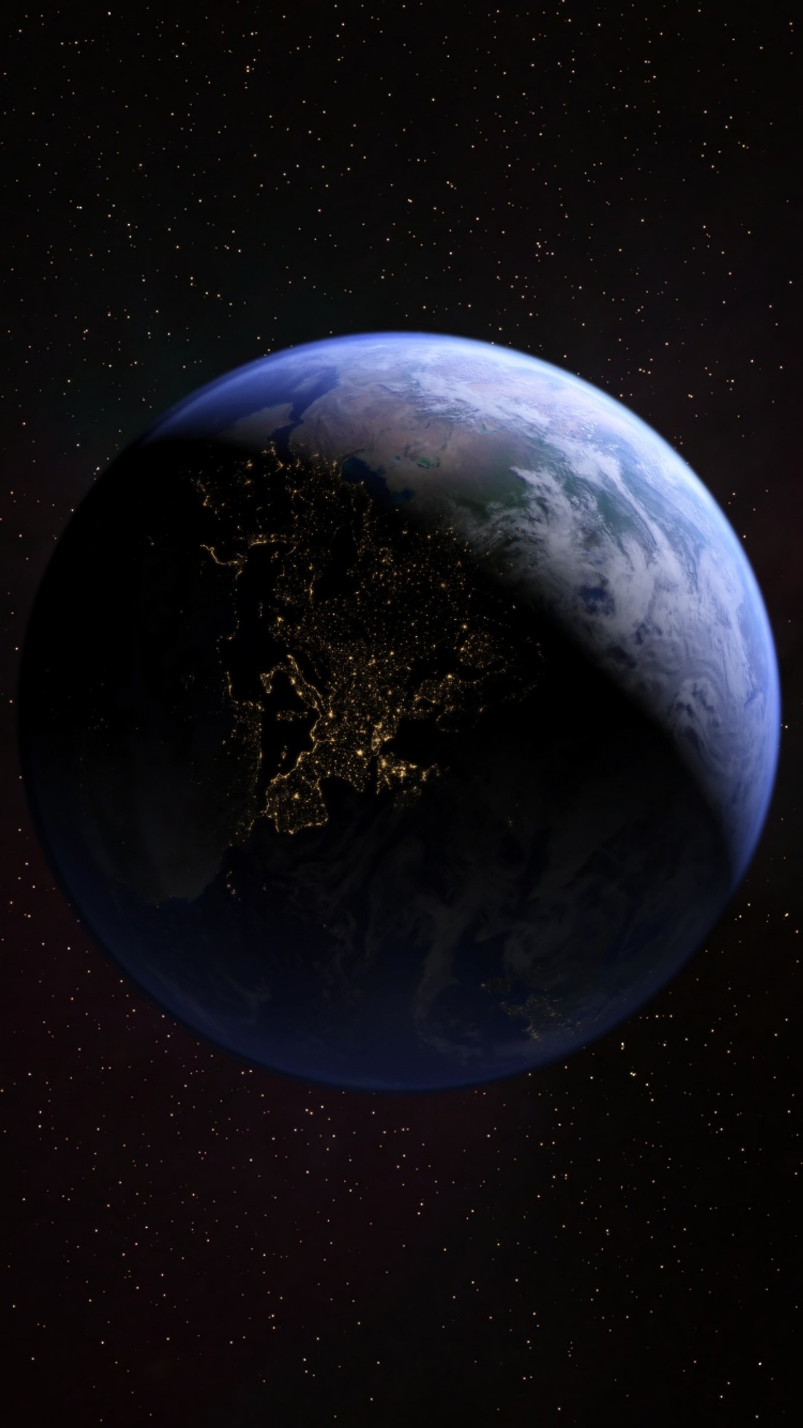 Eine nahaufnahme eines planeten mit einer beleuchteten stadt bei nacht (blau, dunkel, erde, planet, sterne)