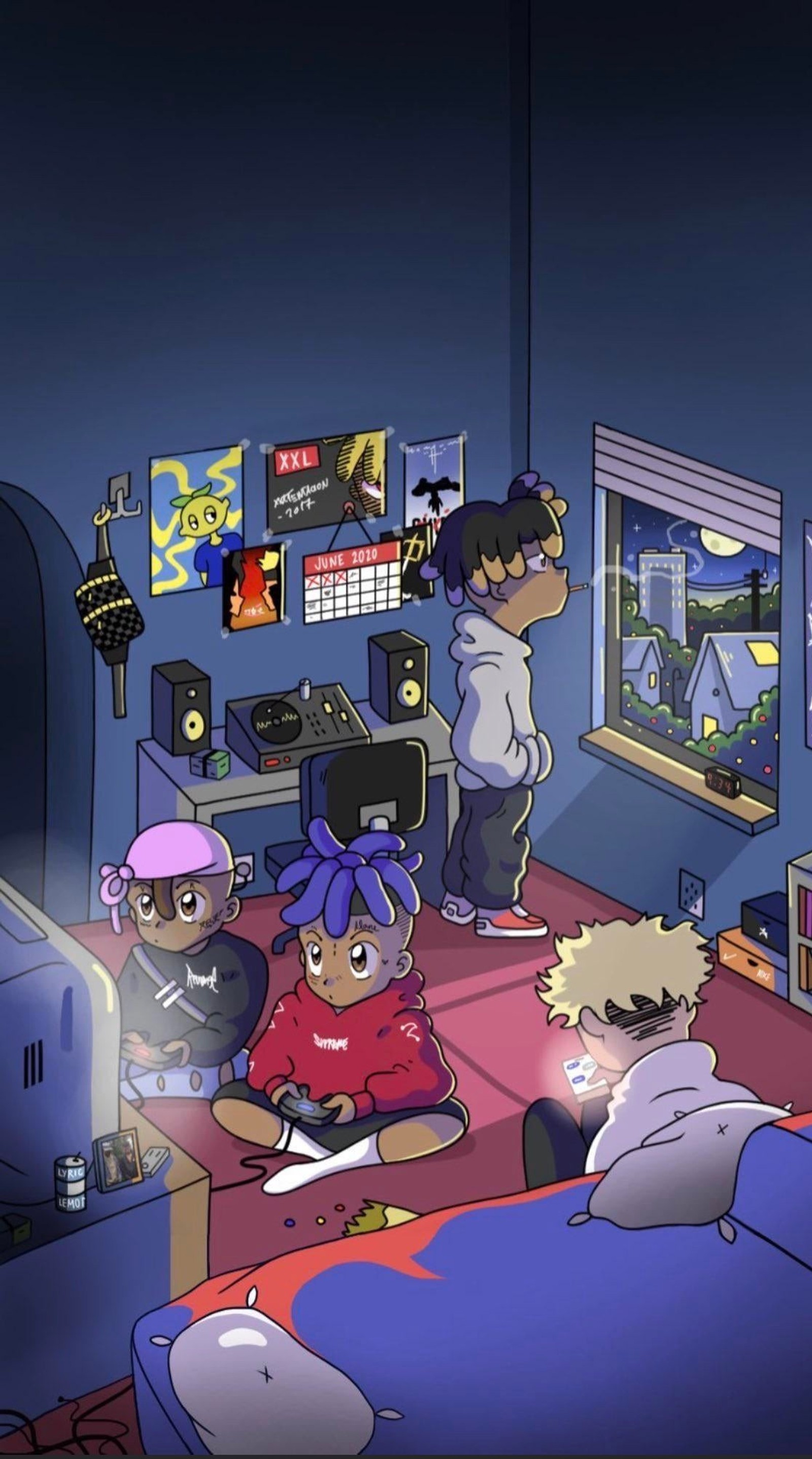 Cartoon of a group of people in a room with a tv (djscheme, juicewrld, skimask)