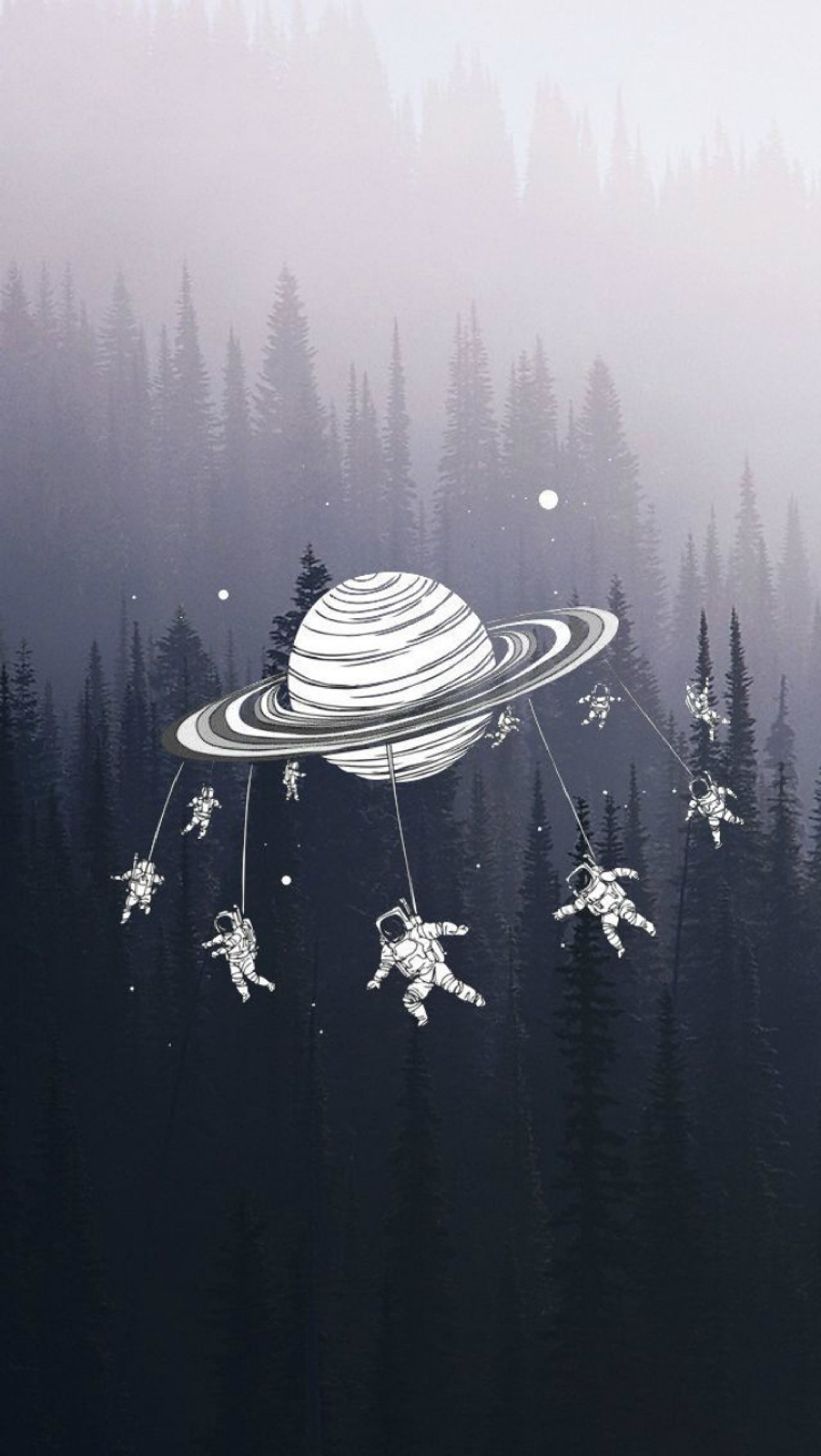 Muchas personas volando alrededor de una nave espacial en el cielo (astronautas, bosque, saturno, saturn)