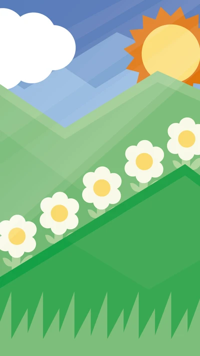 Spring Landscape with Flowers, Sun, and Rolling Hills