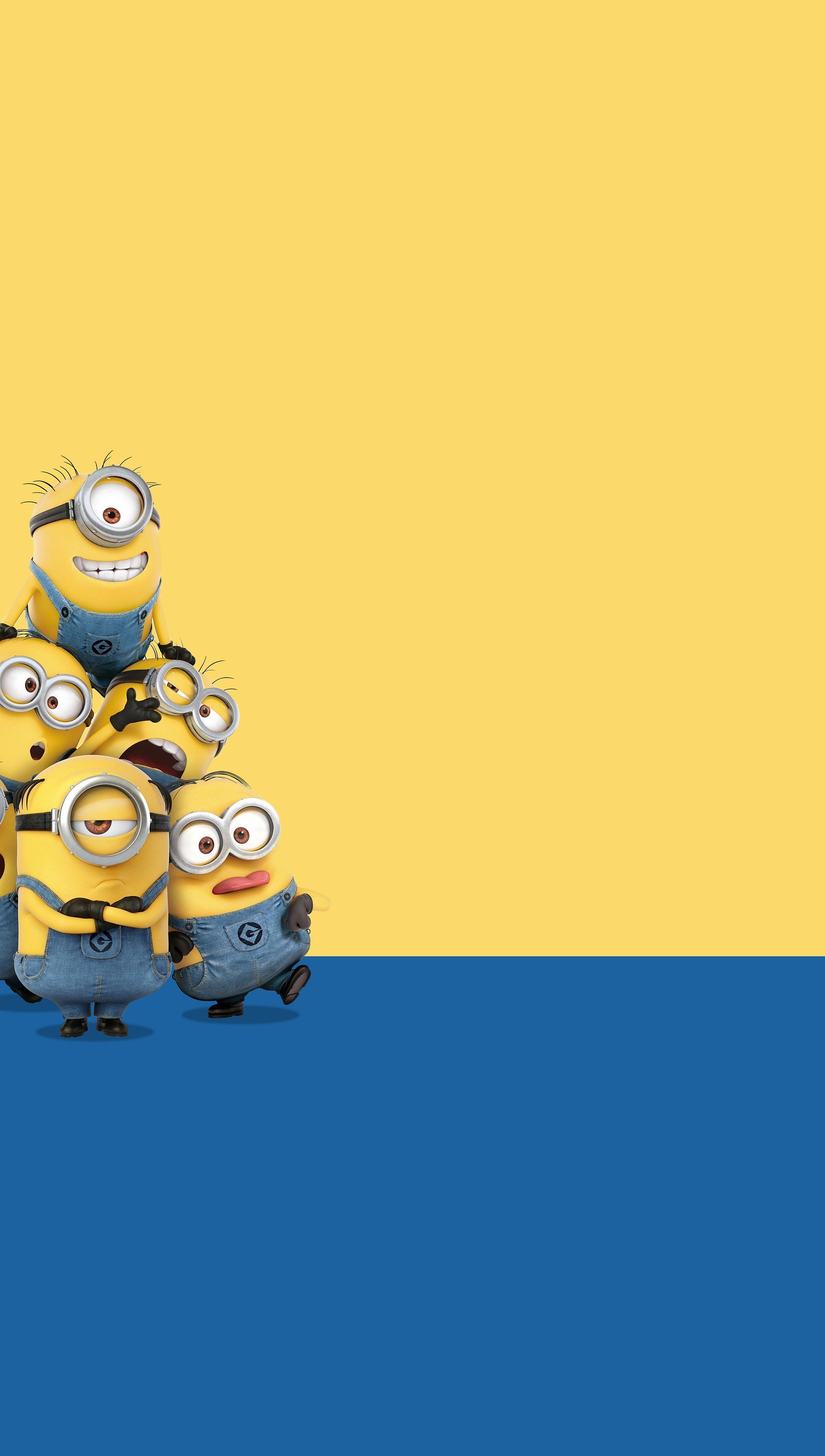 Les minions sont tous alignés sur un fond jaune et bleu (anime, cartoon, minions, samsung)