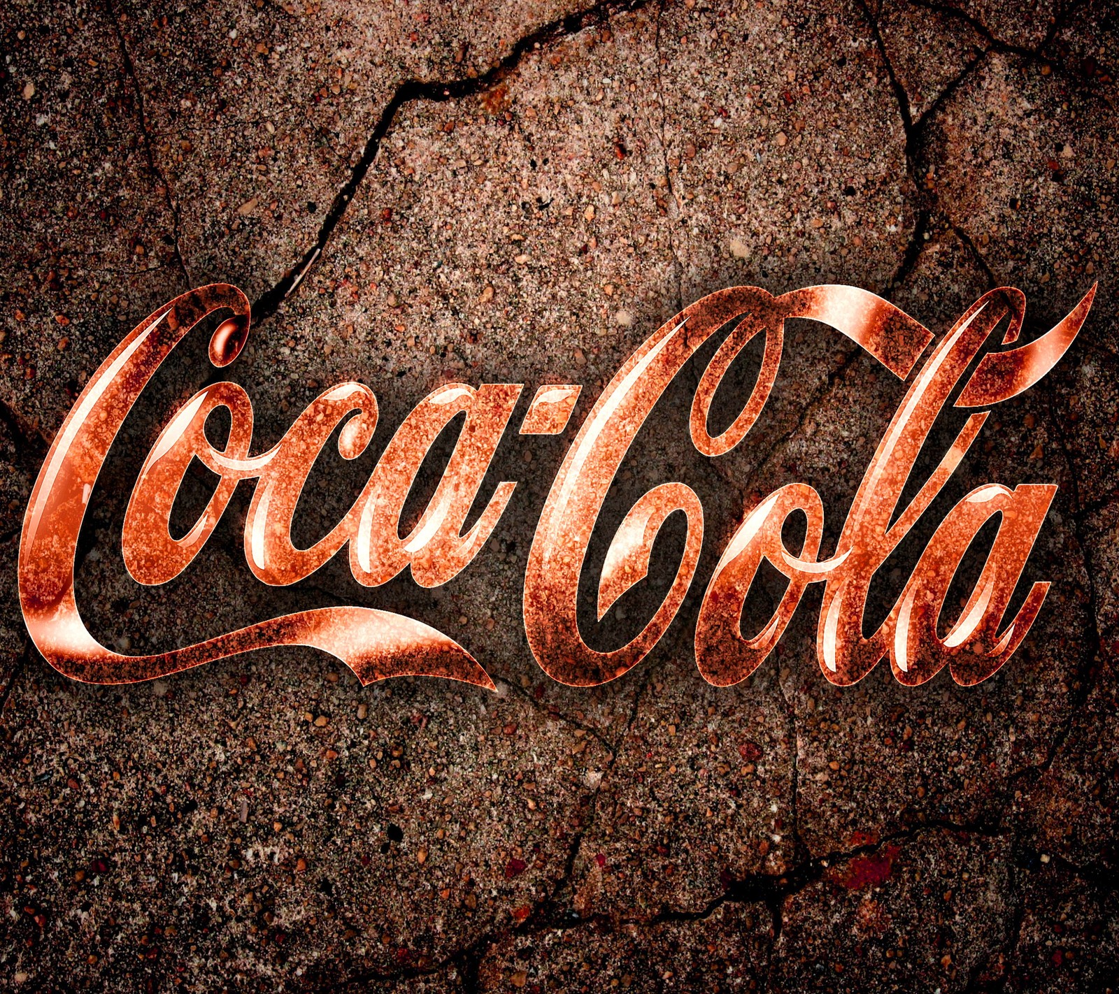 Um close em um sinal da coca-cola em uma superfície de pedra. (coca cola, logotipo colorido e sujo, texto)